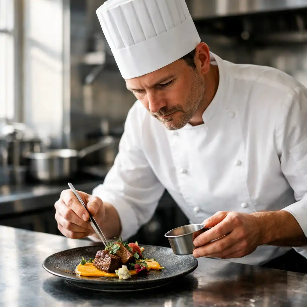 Chef plating a refined dish in the Tablezunex kitchen