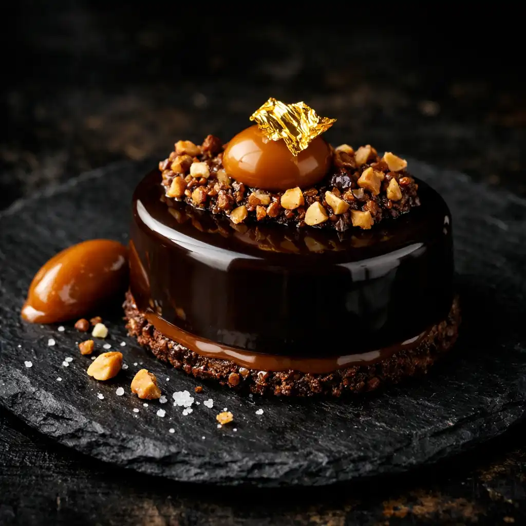 Dark chocolate delice with salted caramel, hazelnut praline, and gold leaf