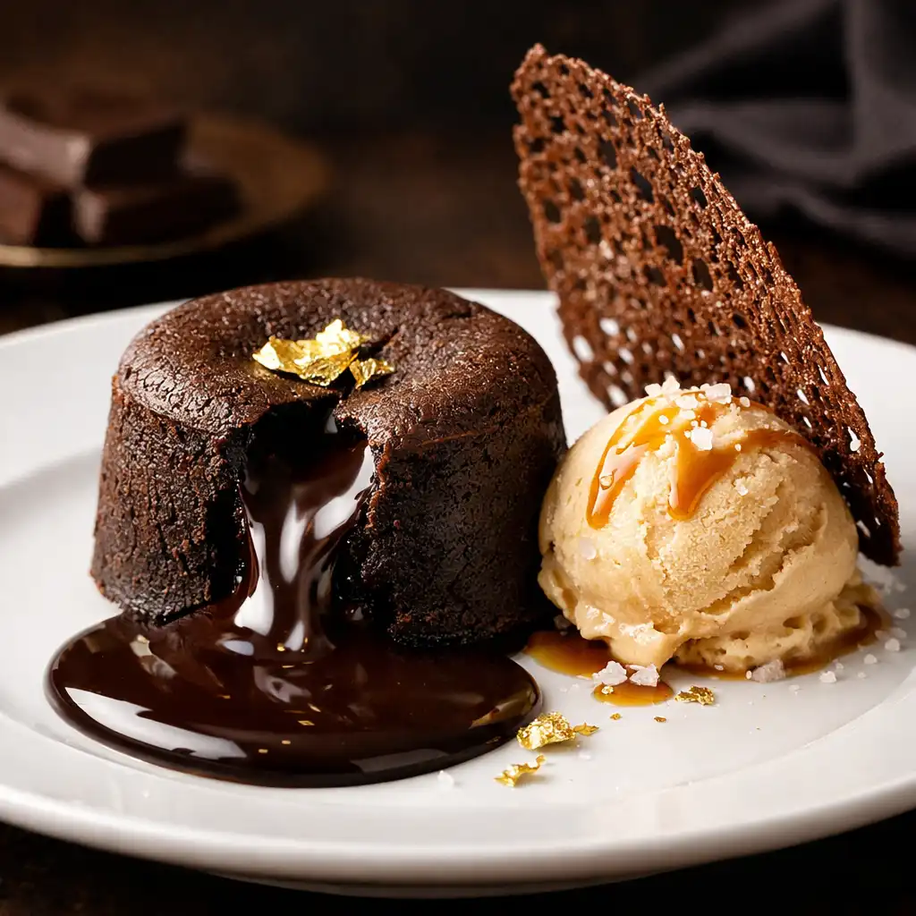 Dark chocolate fondant with molten center flowing onto a white plate, accompanied by salted caramel ice cream and a cocoa tuile, garnished with gold leaf