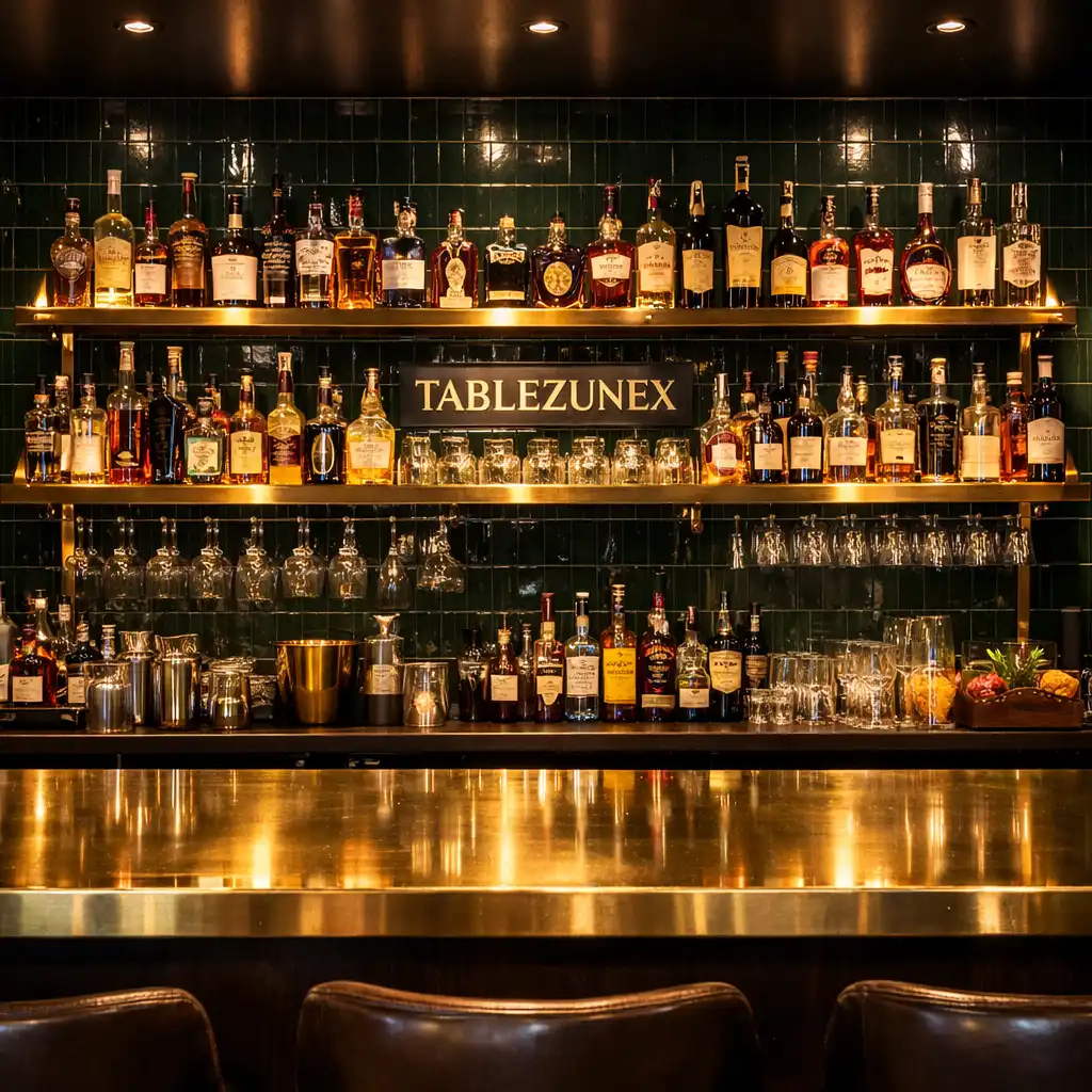 Bar at Tablezunex with polished brass countertop, backlit shelves, and dark green tiled backdrop
