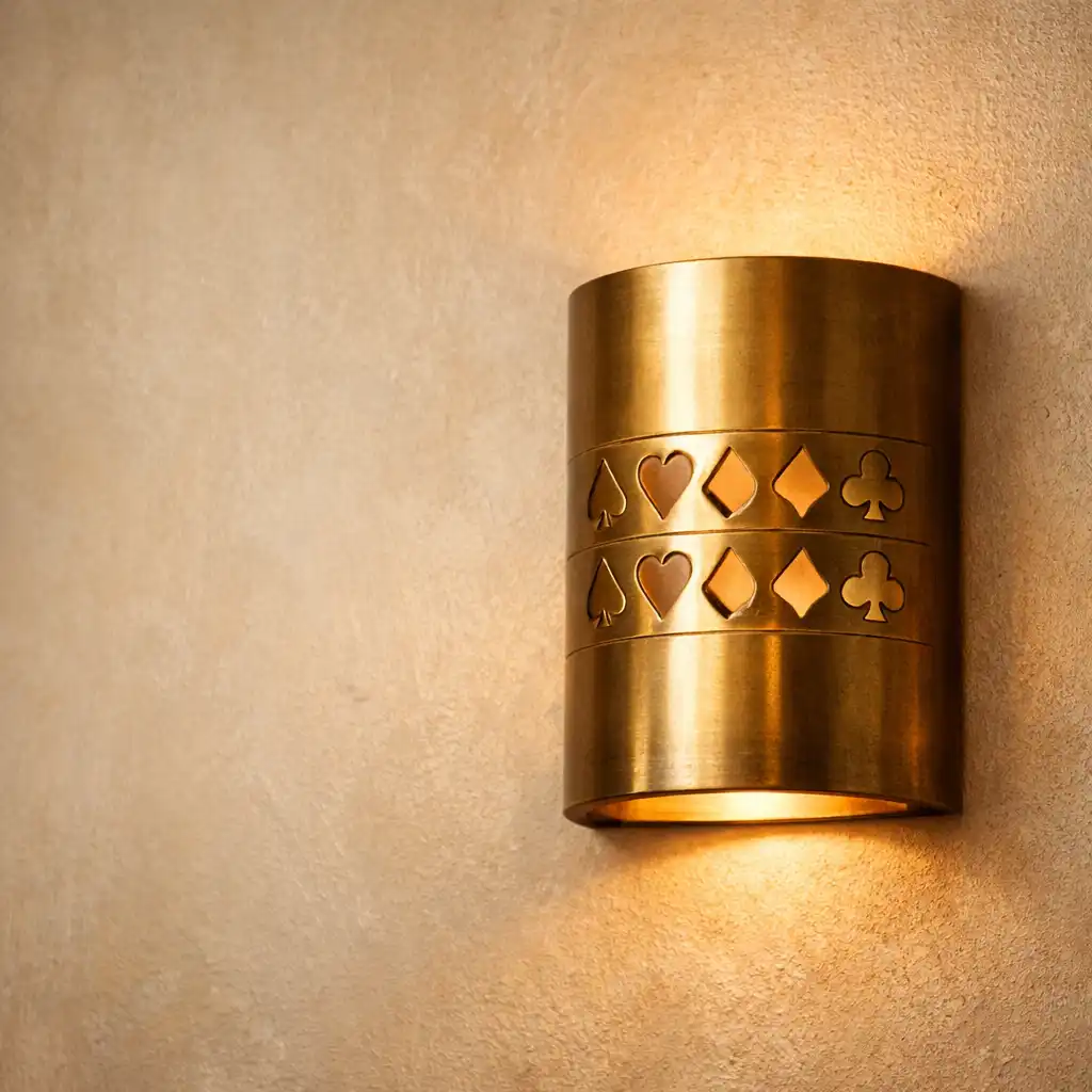 Brass wall sconce with a geometric card-suit pattern on a cream limewash wall