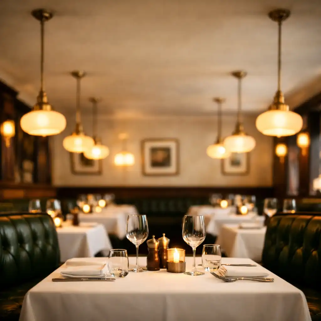Main dining room at Tablezunex with cream limewash walls, dark wood floors, and warm pendant lights over tables