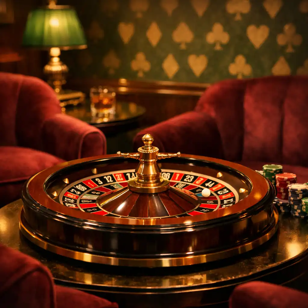Casino-inspired lounge at Tablezunex with vintage roulette wheel, wine velvet armchairs, and card-suit wallpaper