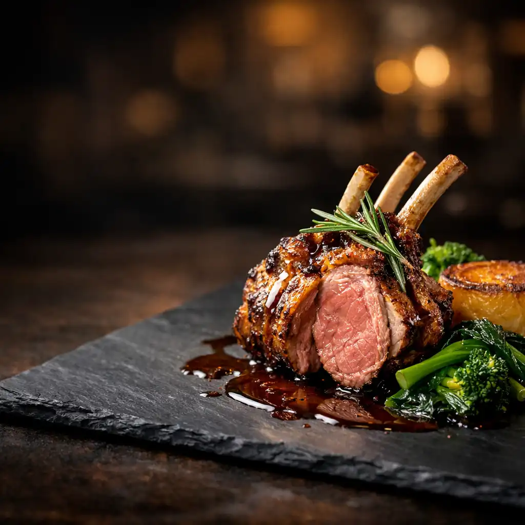 A beautifully plated dish of roasted Cornish lamb with rosemary jus, fondant potato, and seasonal greens on a dark slate plate