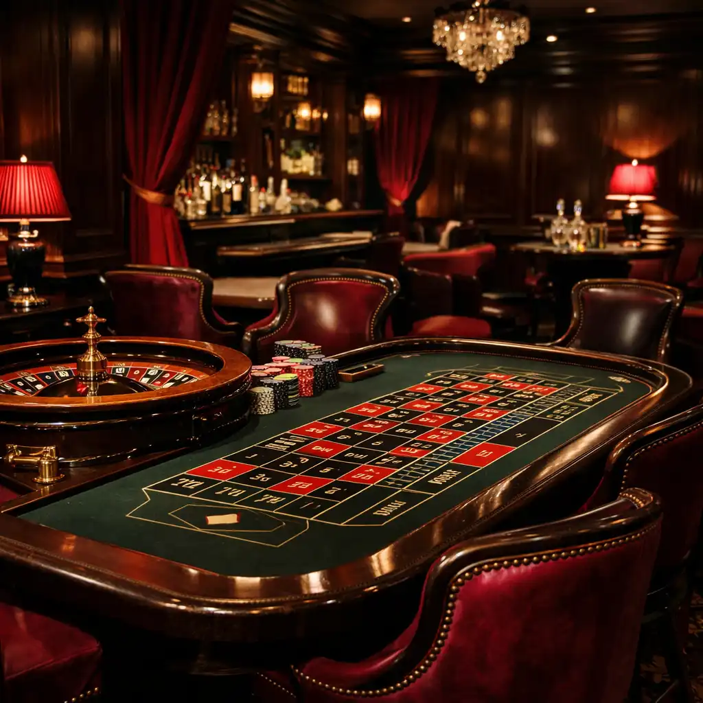 Casino lounge with a professional roulette table and moody wine-coloured lighting