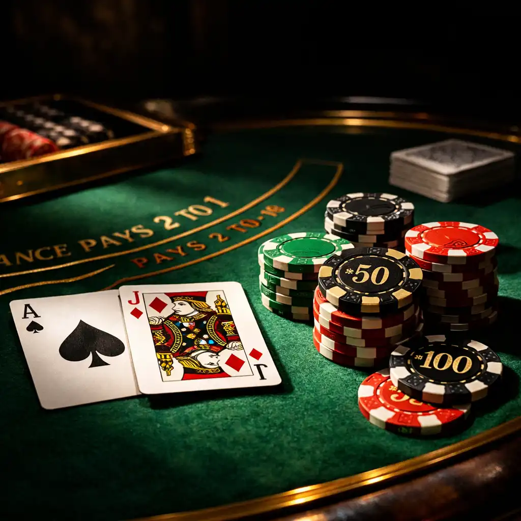 Close-up of a blackjack table with cards and chips under dramatic side lighting