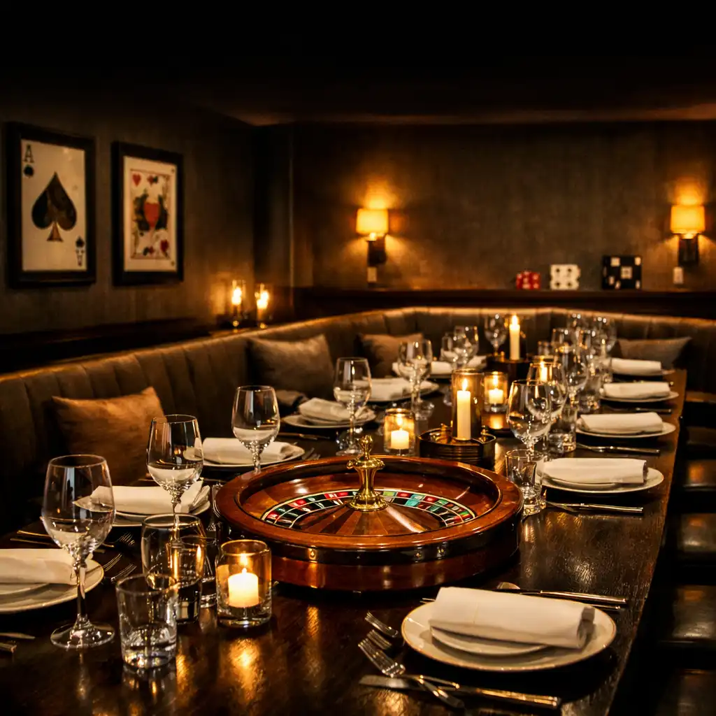 Elegant private dining room with a long table, fine china, and a subtle roulette wheel centrepiece