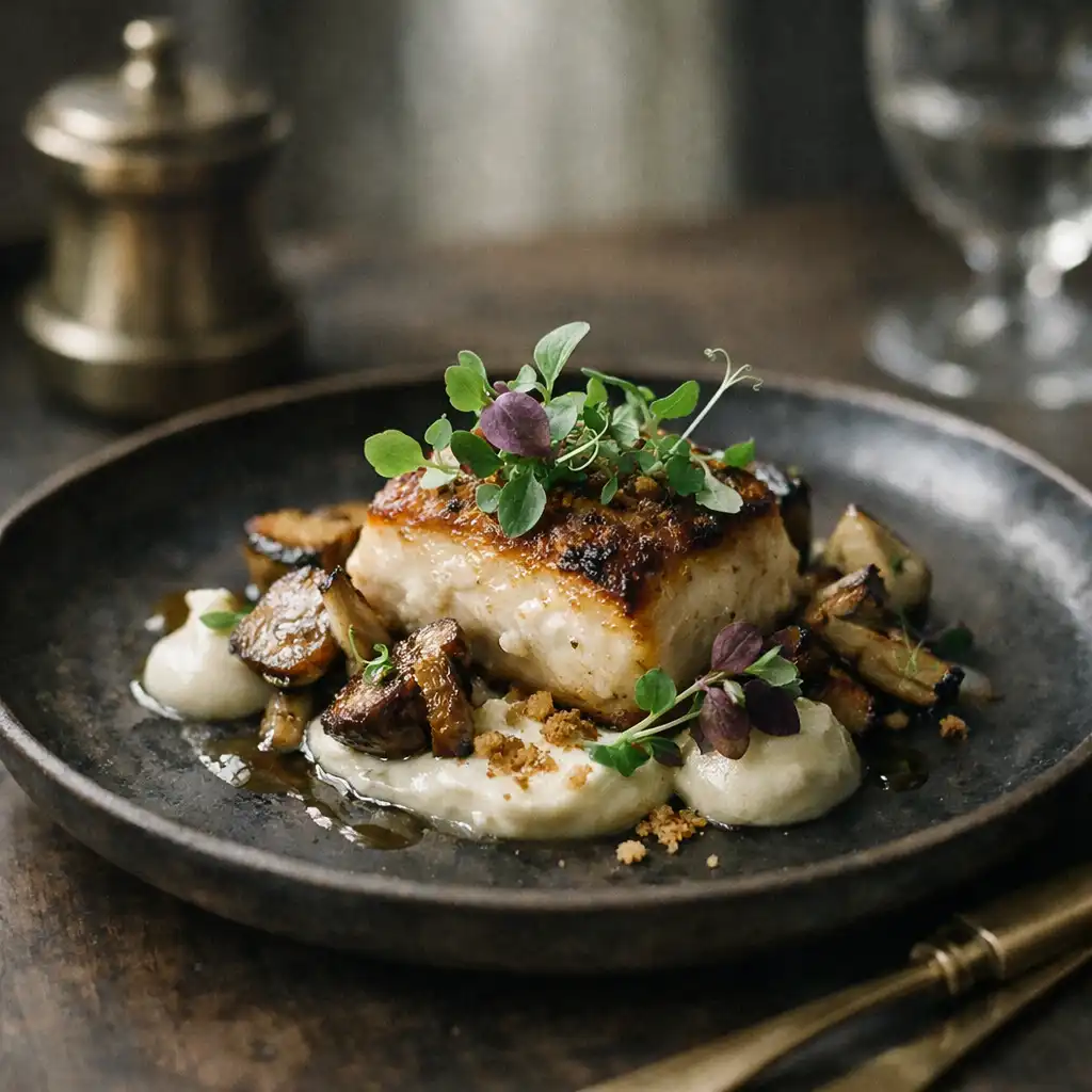 Beautifully plated gourmet dish with microgreens on a dark ceramic plate