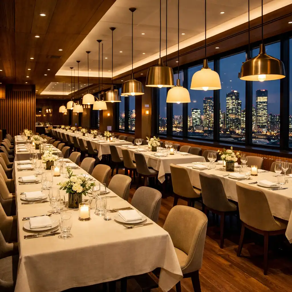 Main dining room with long wooden tables, cream linens, and warm pendant lights