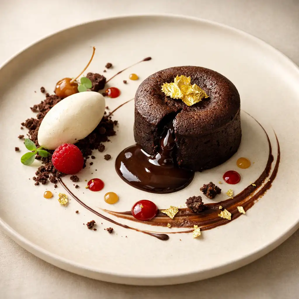 Exquisite dark chocolate fondant with gold leaf garnish on a cream plate
