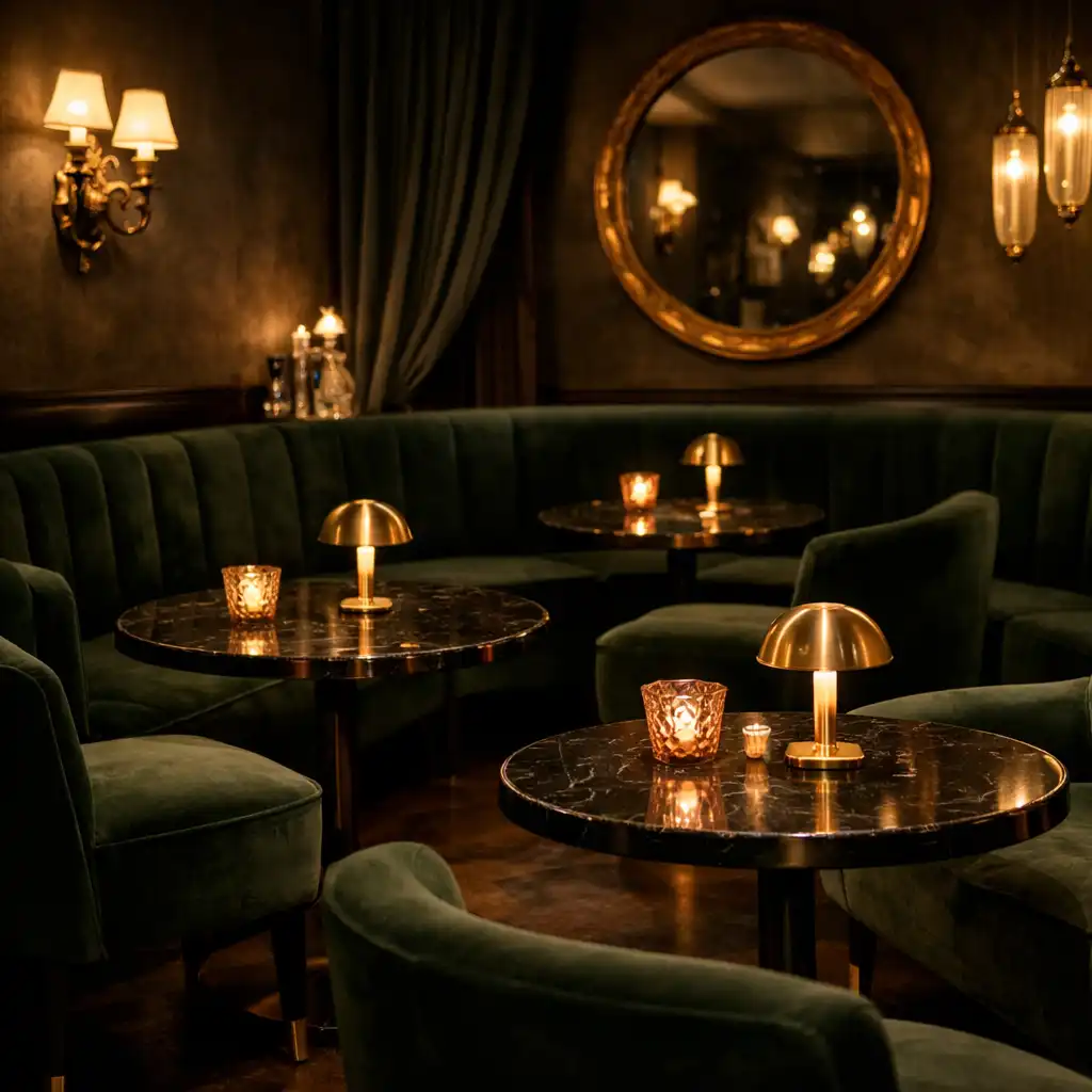 Intimate private salon with plush green velvet seating and brass fixtures