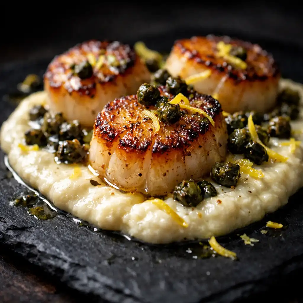 Roasted scallops with golden sear on cauliflower velouté, garnished with crispy capers and lemon zest on a dark slate plate