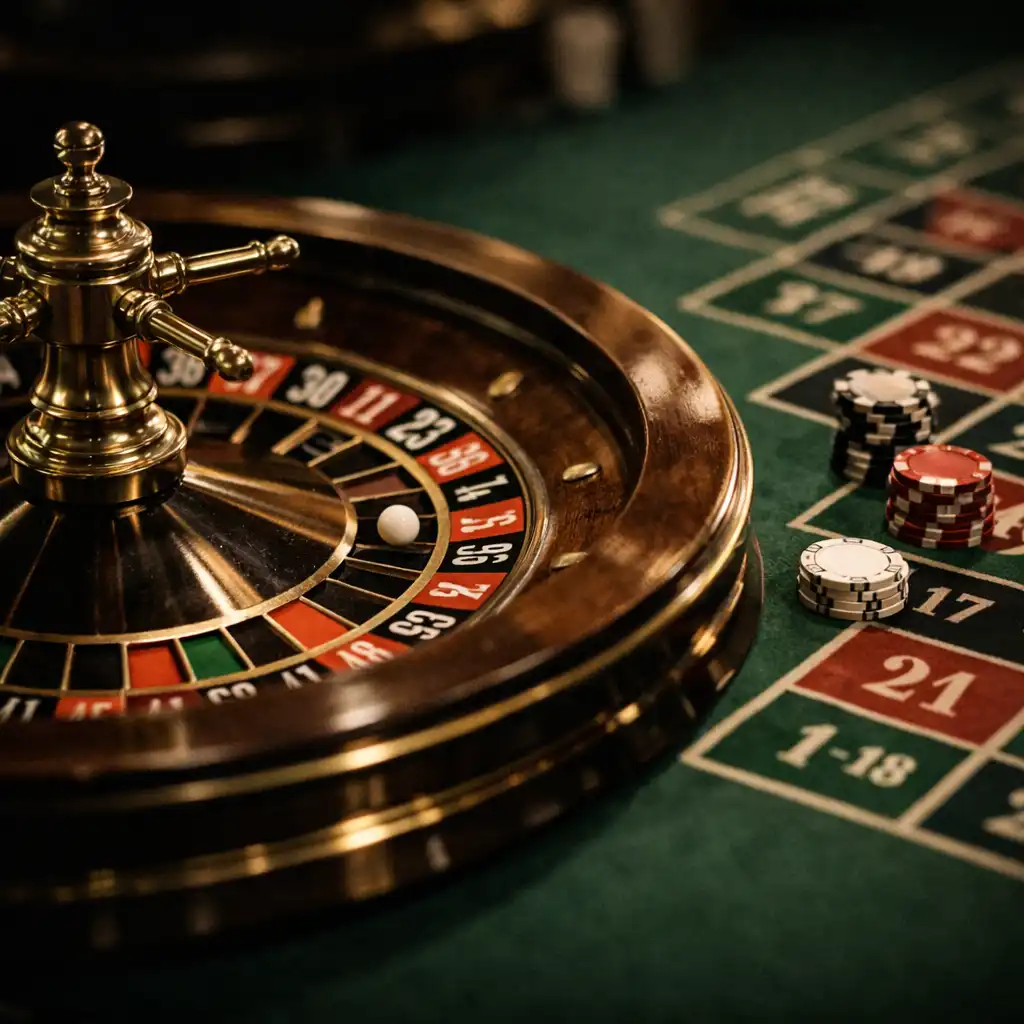 Close-up of a roulette wheel and betting layout on green felt