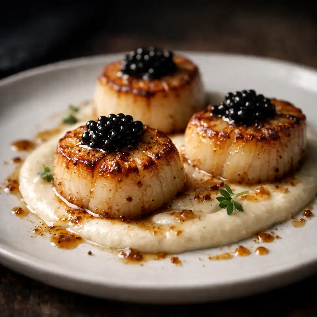 Seared scallops with cauliflower velouté, brown butter, and caviar