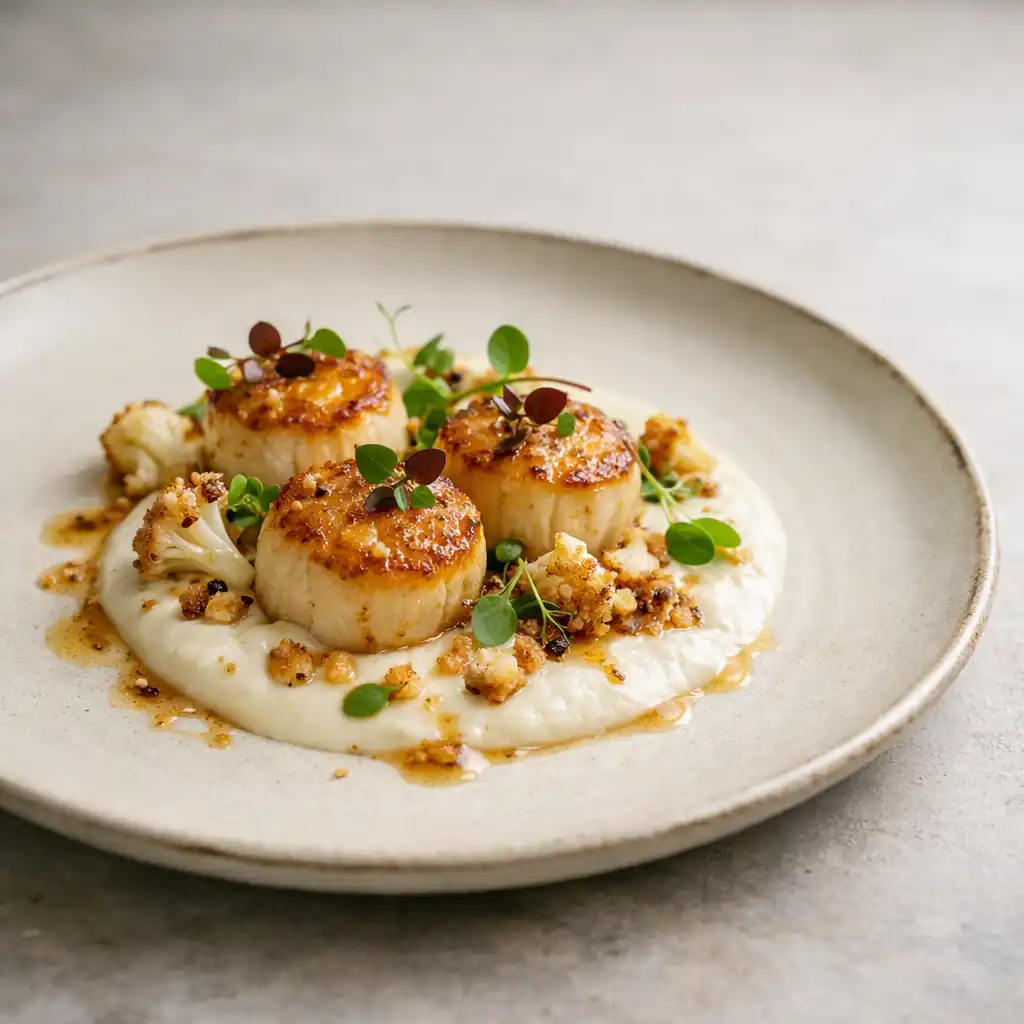 A beautifully plated signature dish with seared scallops, cauliflower velouté, brown butter and micro herbs on a cream ceramic plate