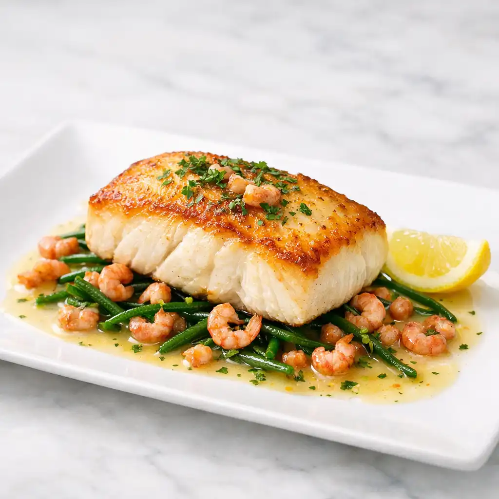Pan-roasted halibut with samphire, brown shrimp butter, and lemon beurre blanc on a white rectangular plate