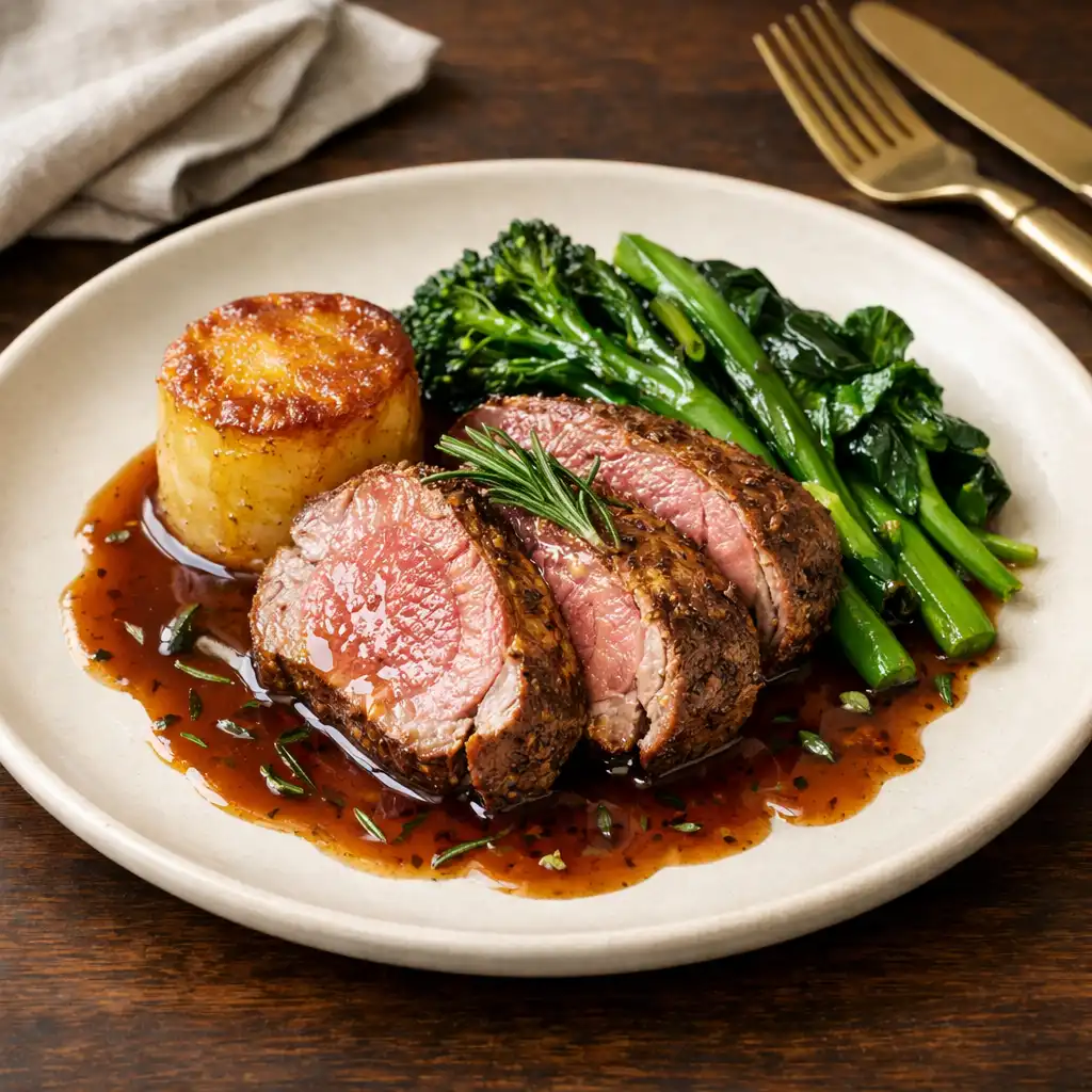Roast Cornish lamb with rosemary jus, fondant potato, and seasonal greens on a cream ceramic plate