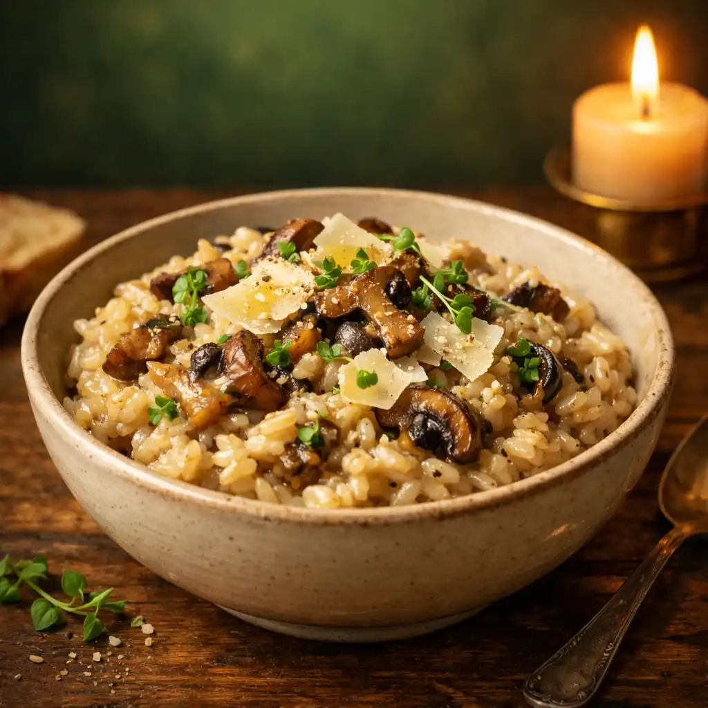 Wild mushroom risotto with aged Parmesan and truffle oil in a rustic bowl