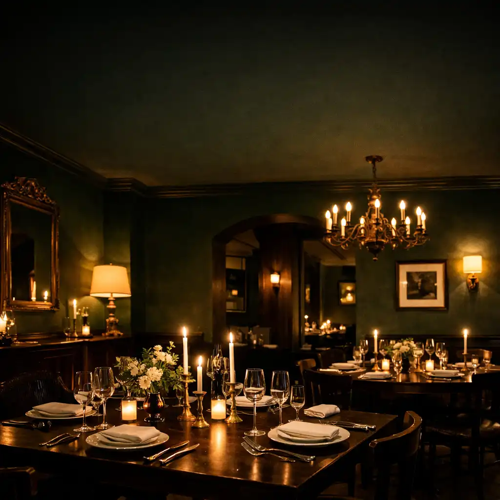 Candlelit dining room at Tablezunex with forest green walls and brass accents