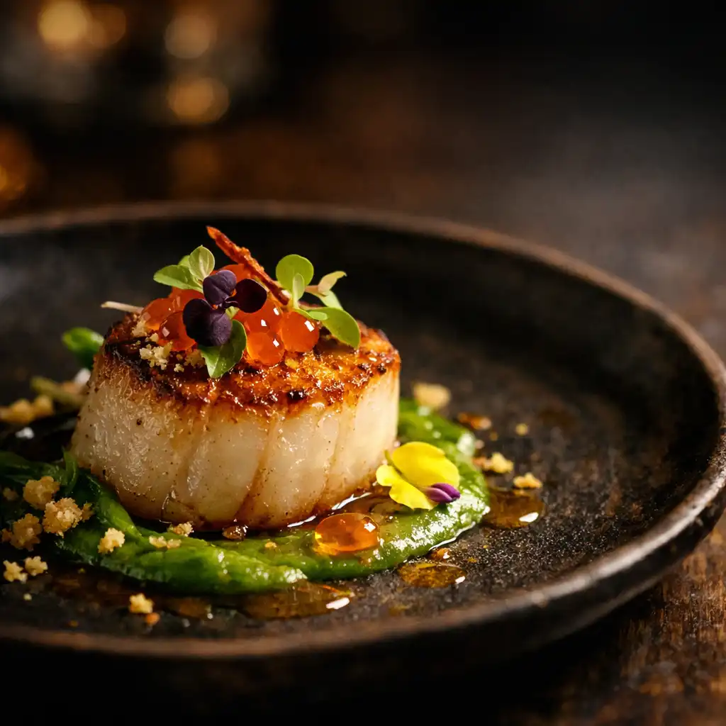 Close-up of a beautifully plated dish on a dark ceramic plate