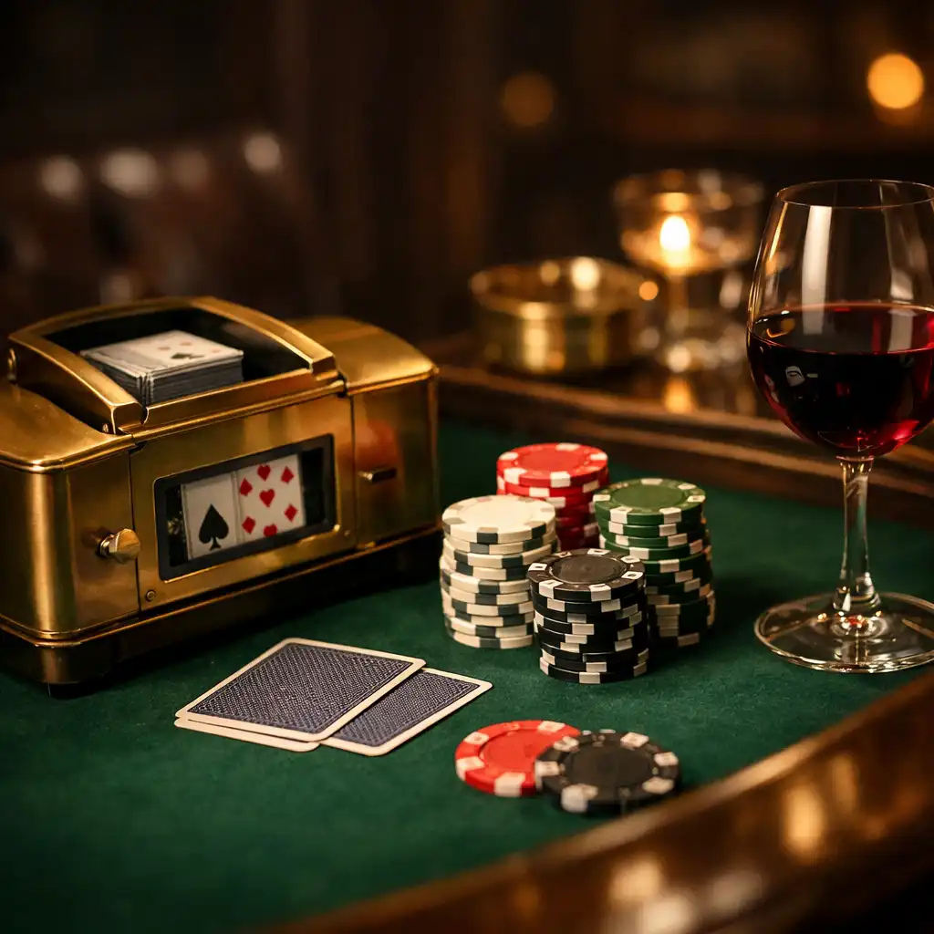 Elegant poker table setting with green felt, brass card shuffler, chips, and a glass of red wine in a private dining room.
