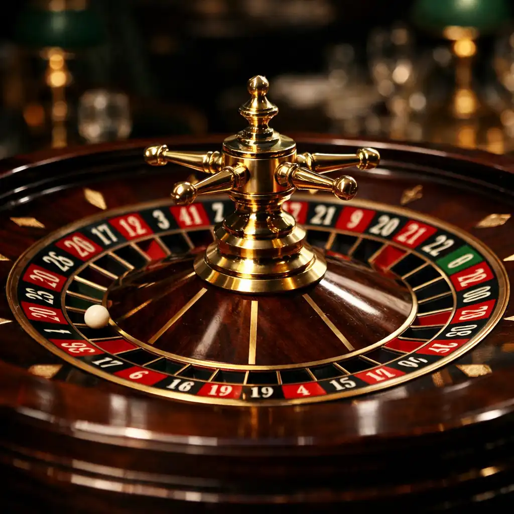 Roulette wheel with brass details and dark wood rim in an elegant restaurant setting.