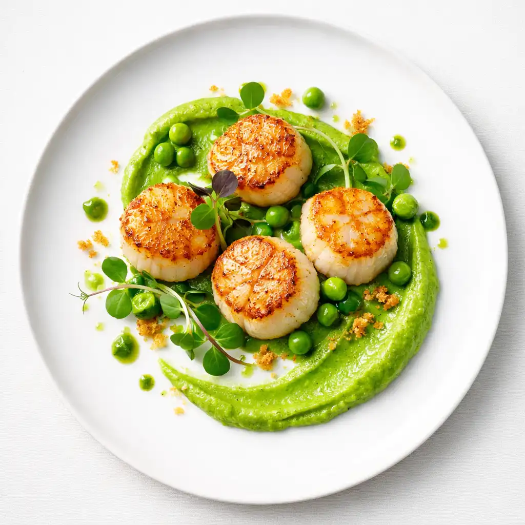 Plated appetiser with seared scallops, pea purée, and microgreens on a white plate.