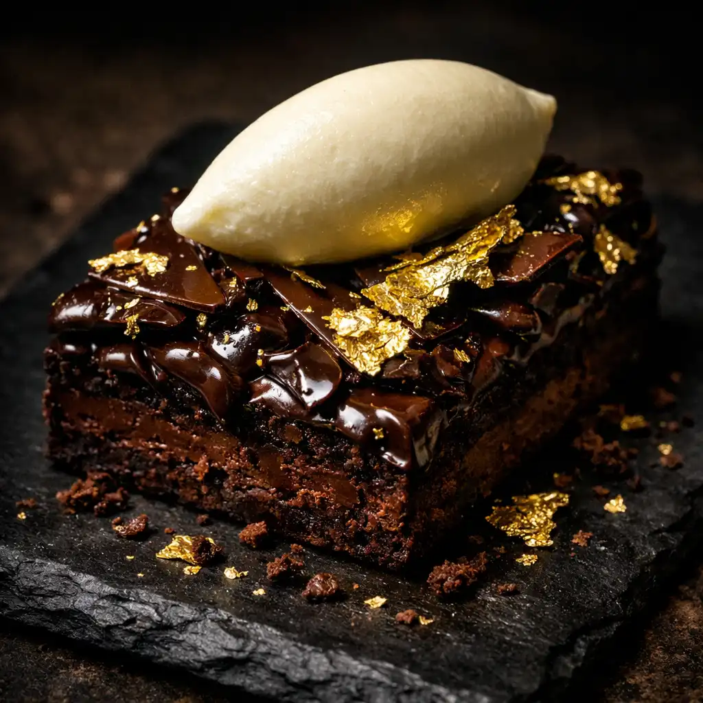 Decadent dessert with dark chocolate, gold leaf, and cream quenelle on black slate.
