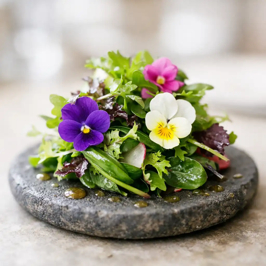 Seasonal appetiser with fresh greens, edible flowers, and vinaigrette on a small stone plate.