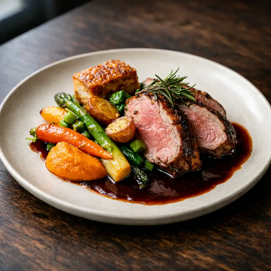 Signature dish of roasted meat with seasonal vegetables and rich sauce on a cream ceramic plate.