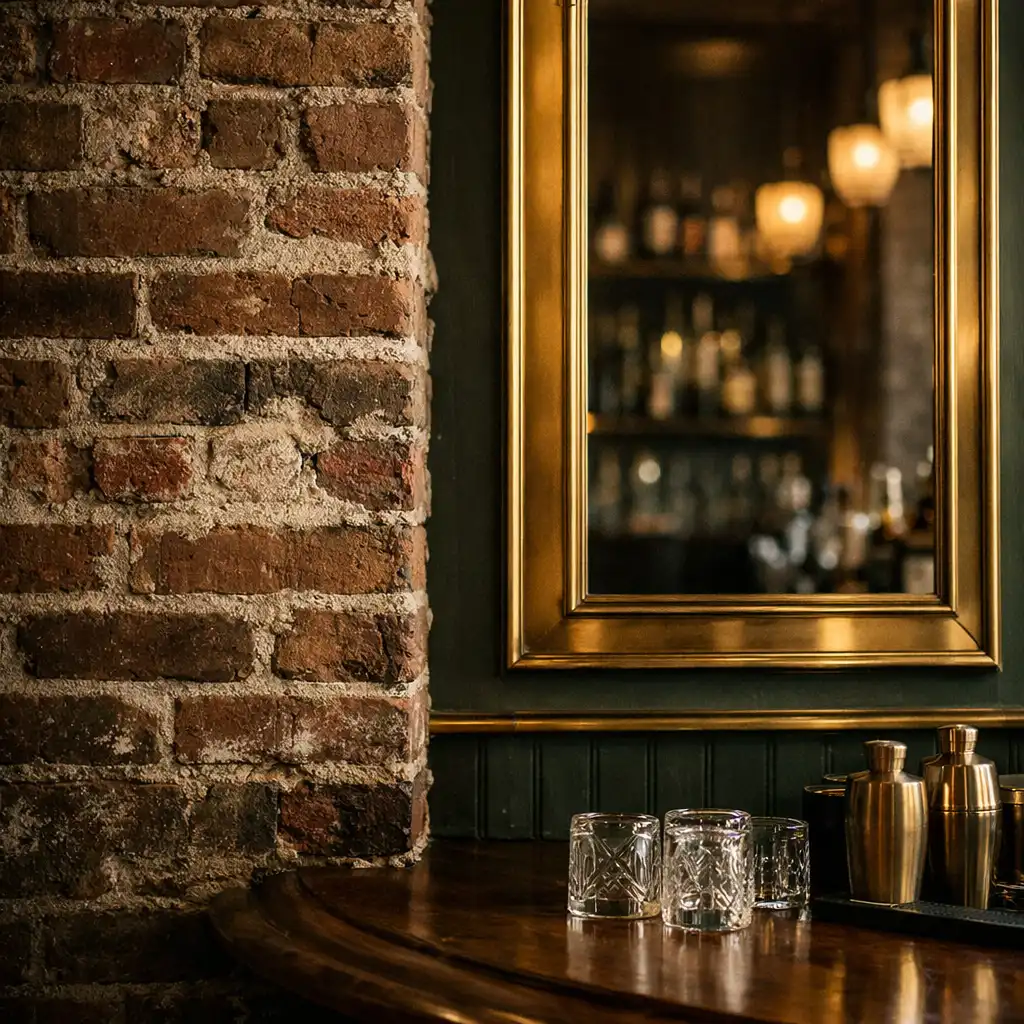 Architectural detail of Tablezunex showing an exposed brick wall, brass-framed mirror, and dark wood bar in warm light.