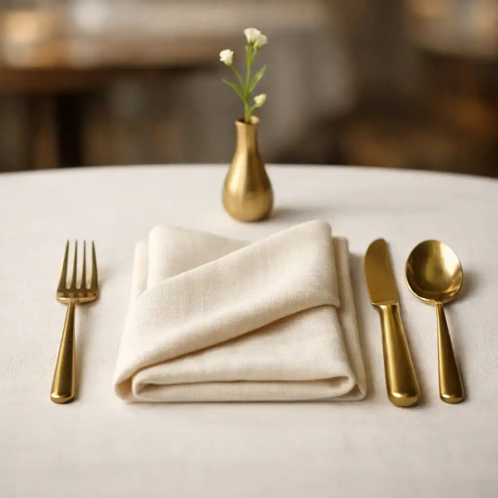 Close-up of a table setting at Tablezunex with cream linen napkin, brass cutlery, and a small vase.