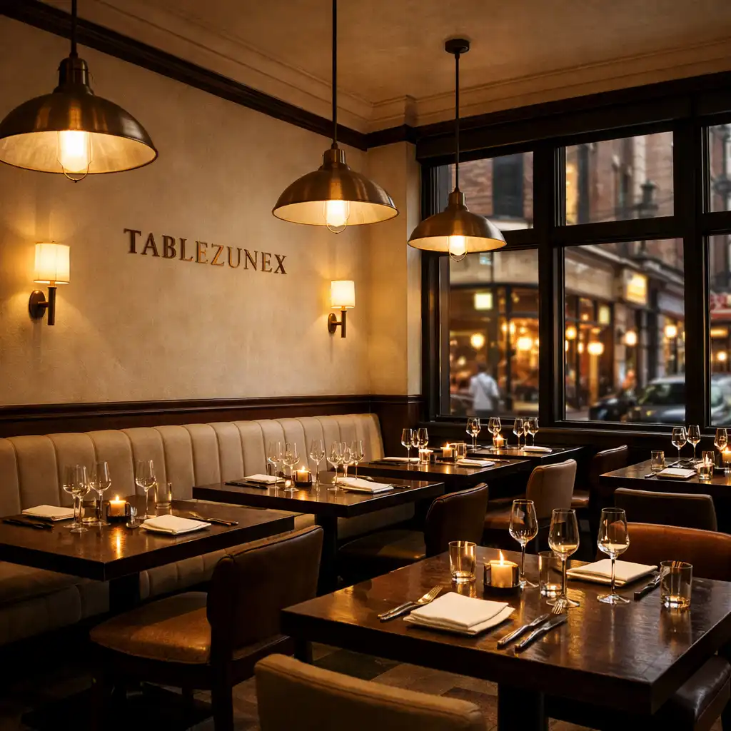 Wide-angle view of the Tablezunex dining room in Soho, featuring cream walls, dark wood tables, brass accents, and warm pendant lighting.