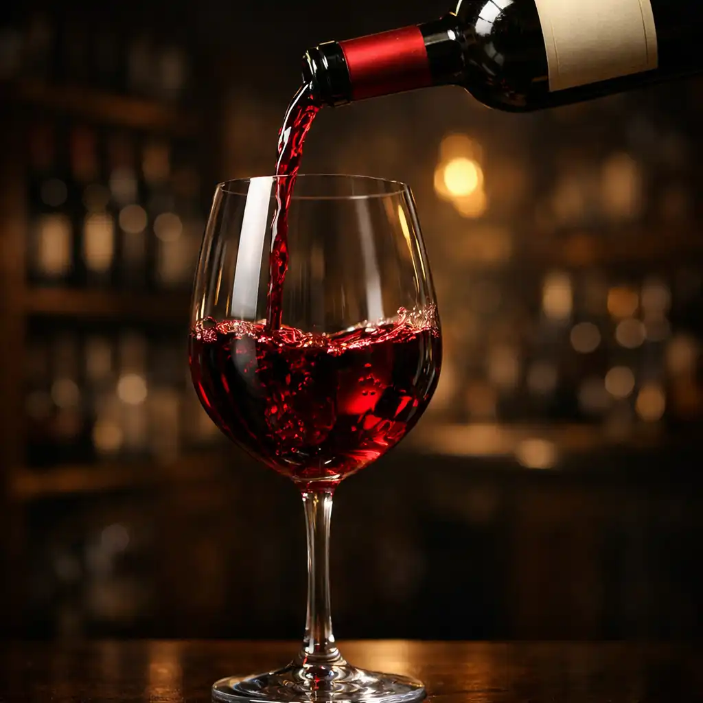 A glass of red wine being poured from a bottle in a moody wine cellar